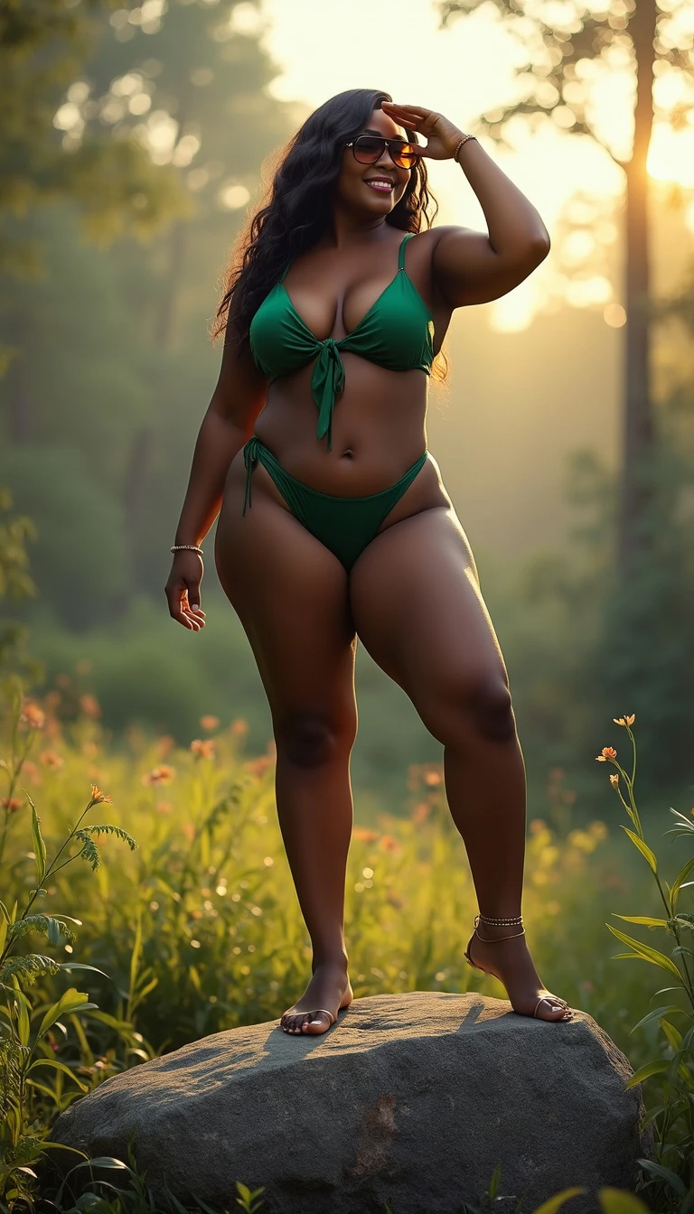 Photorealistic outdoor HDR photography of a mature, voluptuous woman with long raven-black wavy hair, hazel eyes, wearing an emerald green bikini in a lush forest clearing in the morning.