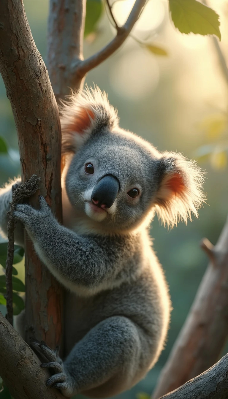 Closeup of a curious koala perched on eucalyptus tree in Australian forest during morning.