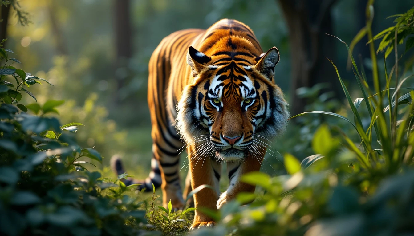 A majestic Bengal tiger prowling through a dense forest, illuminated by sunlight filtering through the leaves.