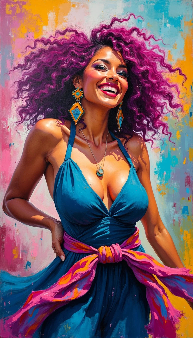 Abstract Expressionist painting of a mature, voluptuous woman with magenta curly hair, cerulean blue eyes, wearing a flowing dress in a lively urban park at noon.