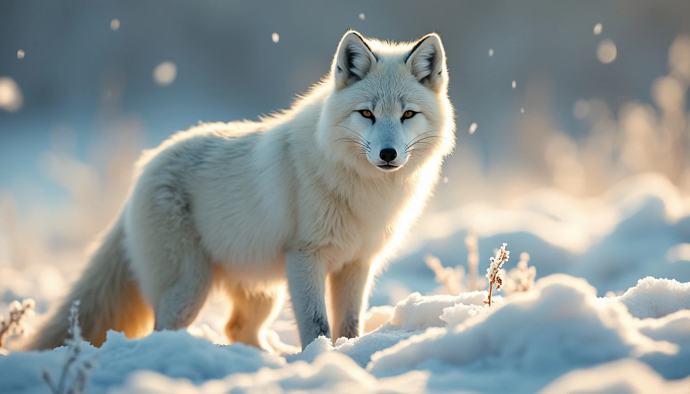 Arctic fox with white fur standing in snowy terrain under a clear sky, showcasing its winter coat.