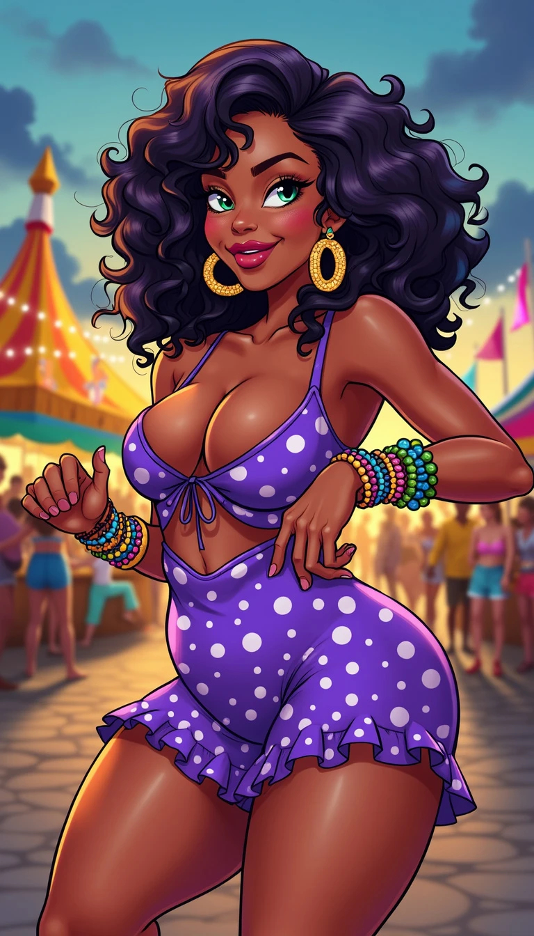 Cartoon drawing of a mature, voluptuous woman with bubblegum pink curly hair, teal eyes, wearing a purple polka-dot romper at a bustling carnival in the evening.