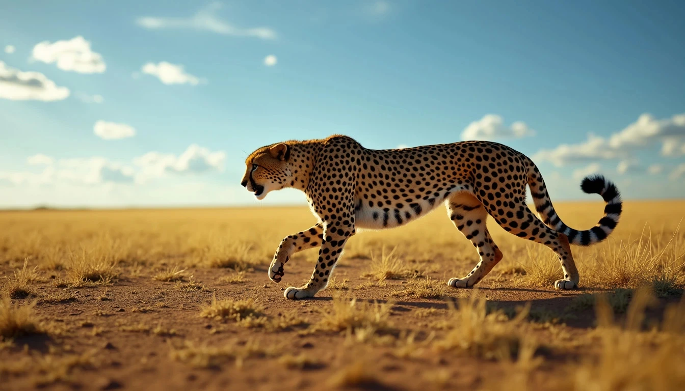 A majestic cheetah walks gracefully through the golden savannah, under a vibrant blue sky dotted with a few fluffy clouds, showcasing its spotted coat and strong, slender body.