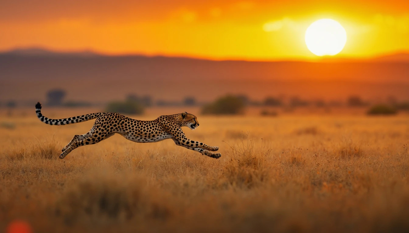 Low angle long shot of a sprinting cheetah in the African savanna during morning, captured with panorama photography.