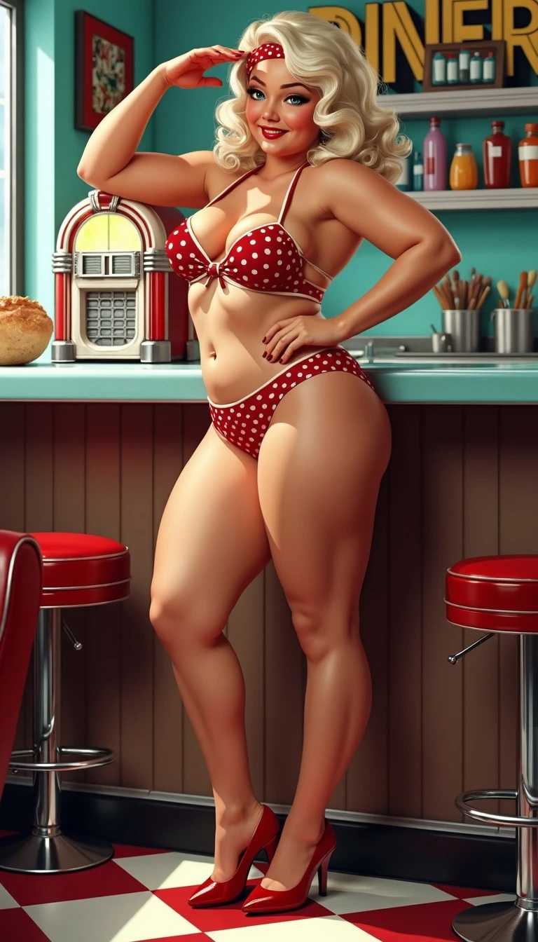 1950s pin-up cartoon style of a mature, voluptuous woman with platinum blonde curly hair, sapphire blue eyes, wearing a polka-dot bikini in a vintage diner at noon.