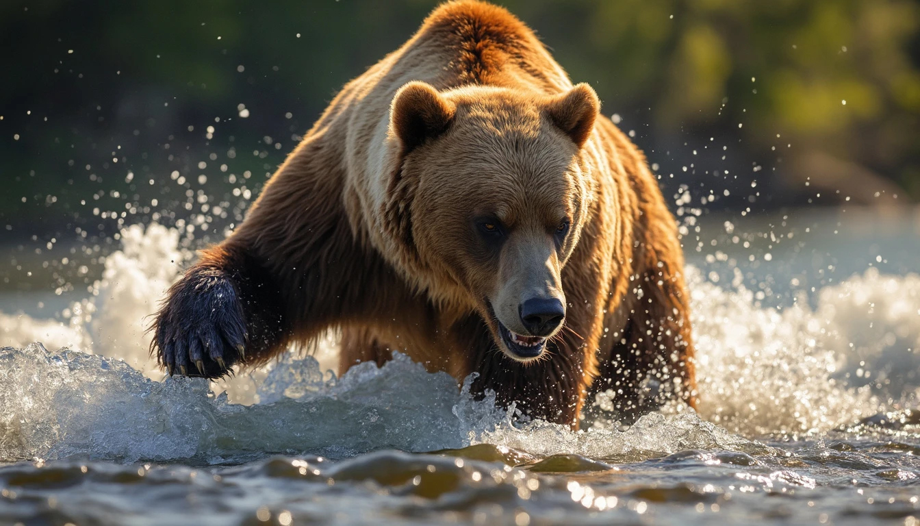 Low angle closeup of a grizzly bear fishing in the Alaskan river during the afternoon, captured with HDR photography.