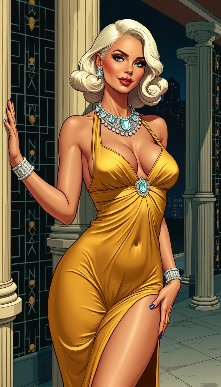 Art Deco illustration of a mature, voluptuous woman with platinum blonde sleek hair, sapphire blue eyes, wearing a luxurious gold evening gown in an opulent ballroom at night.