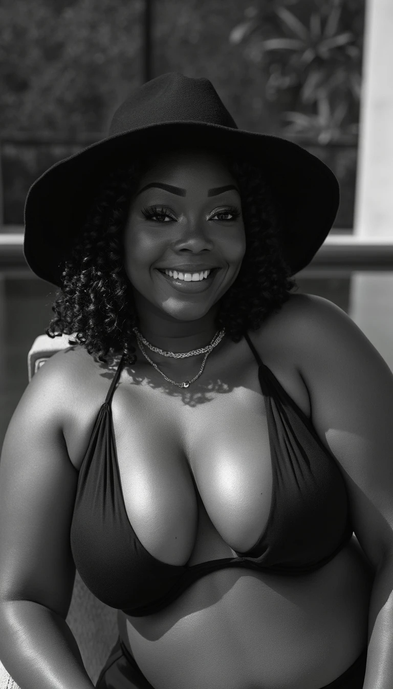 Fusion of lifestyle and black-and-white fine art photography of a mature, voluptuous woman with curly ebony hair, dark brown eyes, wearing a black micro bikini on a modern, poolside chaise lounge.