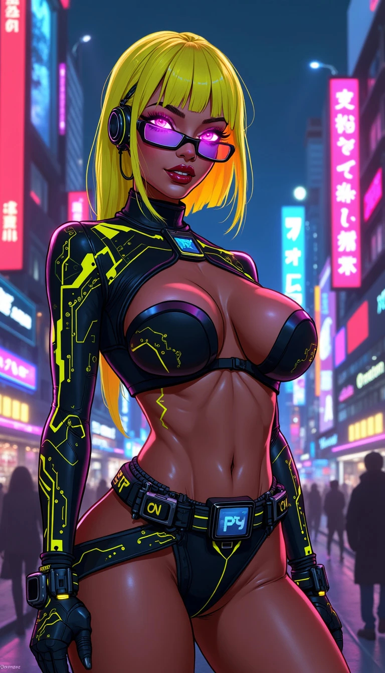 Cyberpunk art illustration of a mature, voluptuous woman with neon yellow sleek hair, violet eyes, wearing a high-tech bodysuit in a futuristic metropolis at midnight.