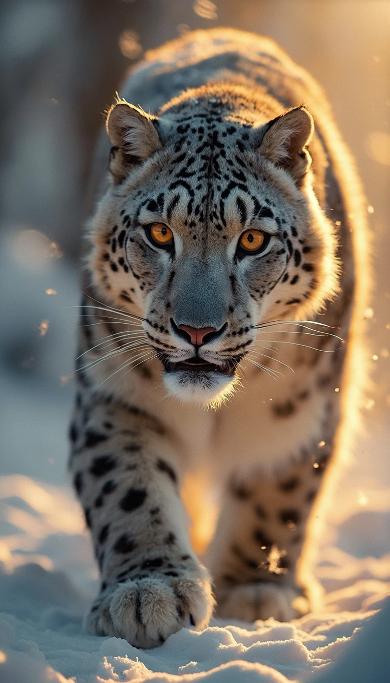 In a photoreal, professional style, capture a majestic snow leopard navigating through the snow-covered peaks of the Himalayas.