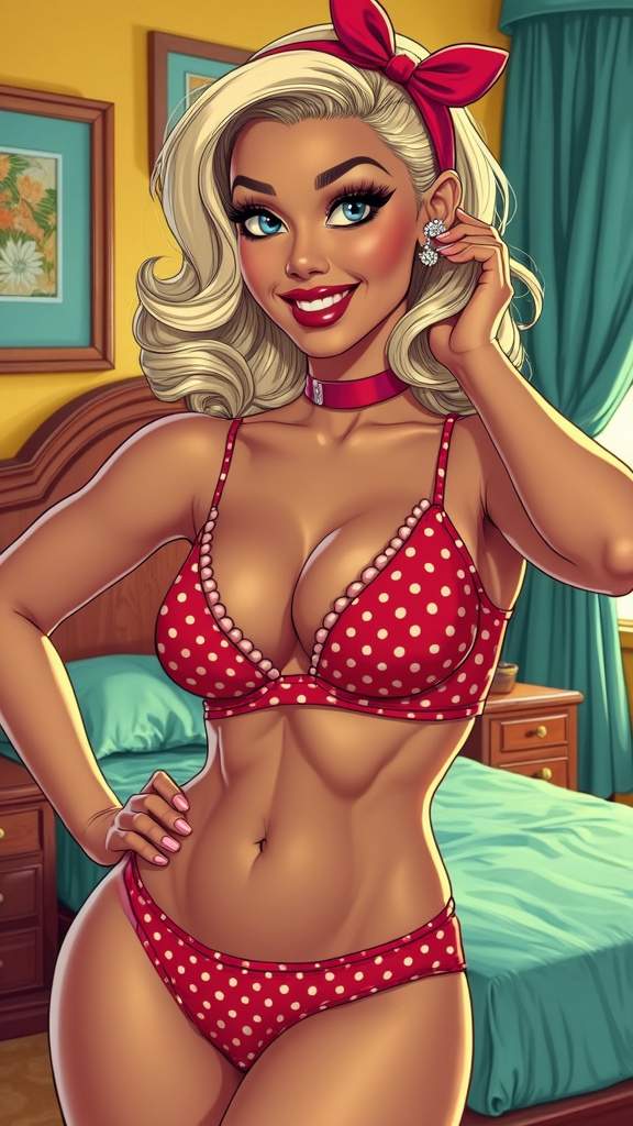 Retro comic art illustration of a mature, voluptuous woman with platinum blonde wavy hair, blue eyes, wearing red polka-dot lingerie in a 1950s-inspired bedroom, striking a sassy pose.