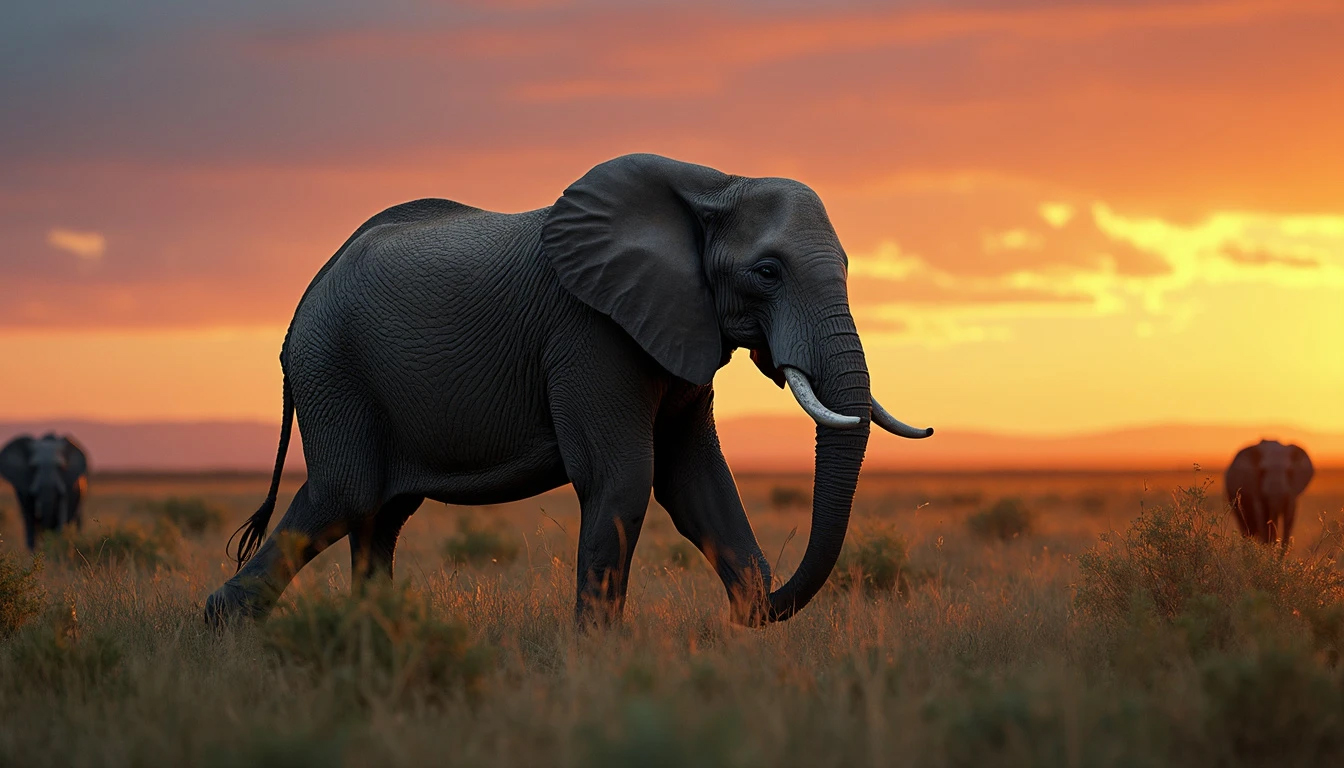 Majestic elephant in savanna panorama low angle long shot evening sunset