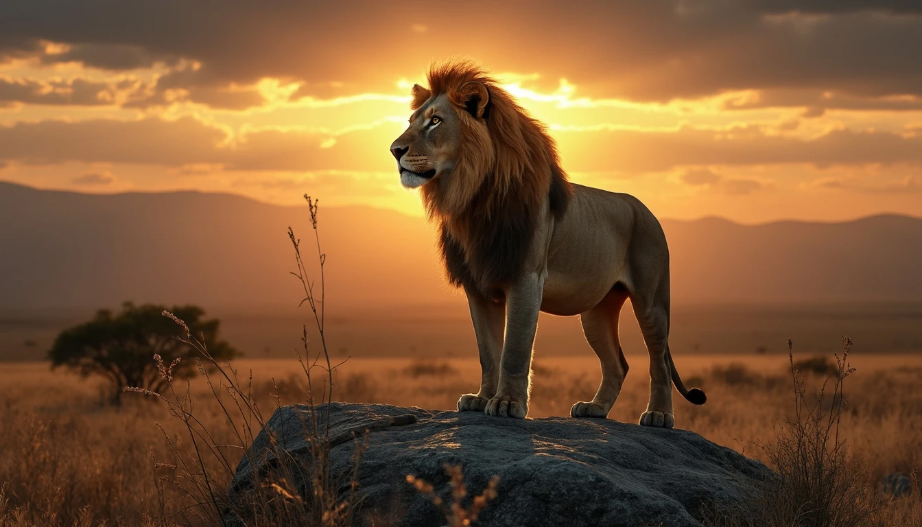 Low angle long shot of a regal lion on a rocky outcrop in the African savanna during golden hour.