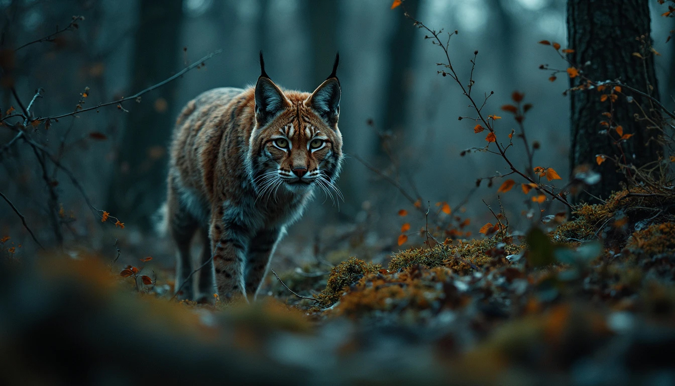 High angle short shot of a stealthy lynx moving through the European forest at midnight, captured with night vision photography.