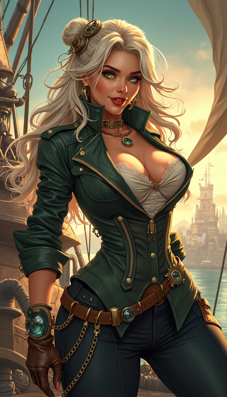 Steampunk art illustration of a mature, voluptuous woman with platinum blonde braided hair, emerald green eyes, wearing a military-style jacket on a steam-powered airship at evening.