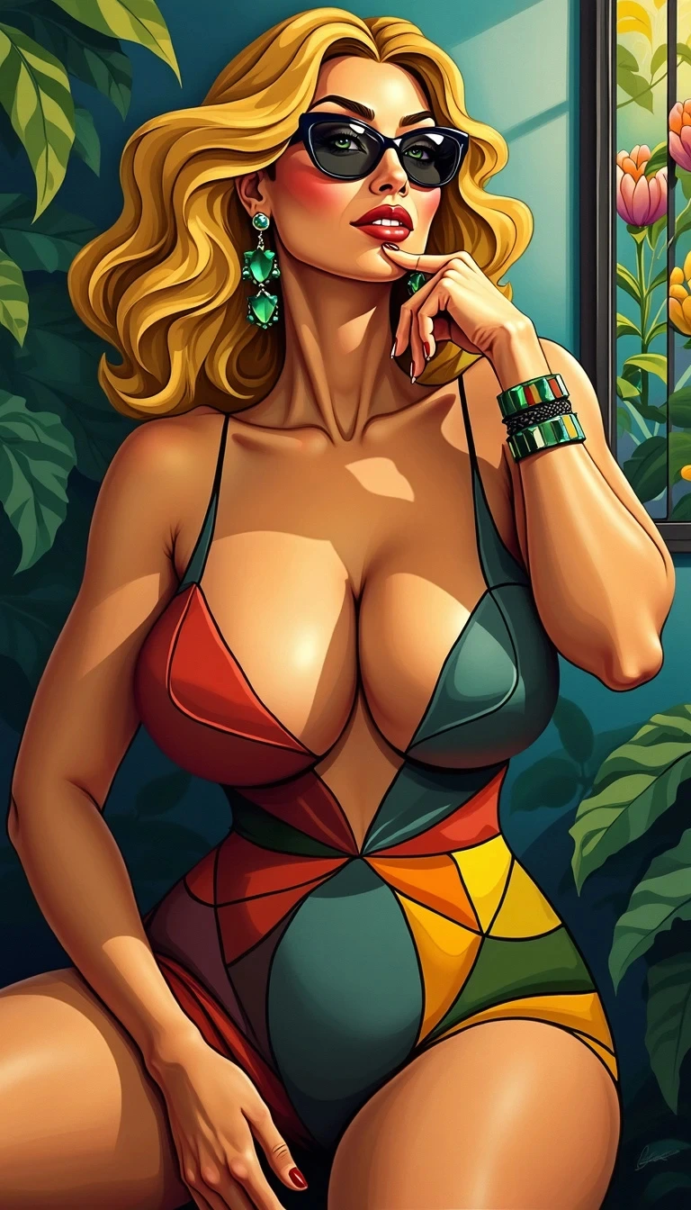 Cubist painting of a mature, voluptuous woman with gold layered hair, emerald green eyes, wearing a segmented dress in an abstract garden at noon.