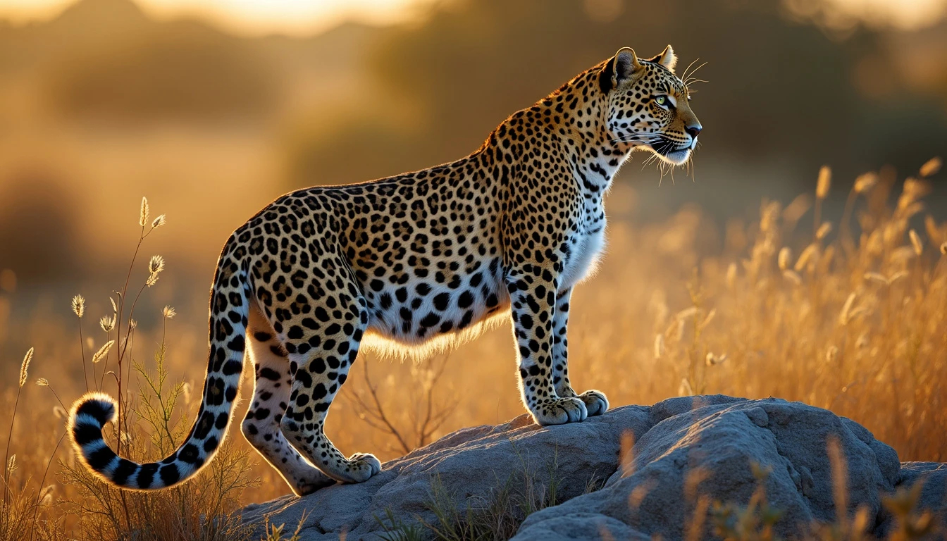 A stunning leopard standing on a rock, gazing into the distance with the golden hues of the African savannah in the background during sunset.