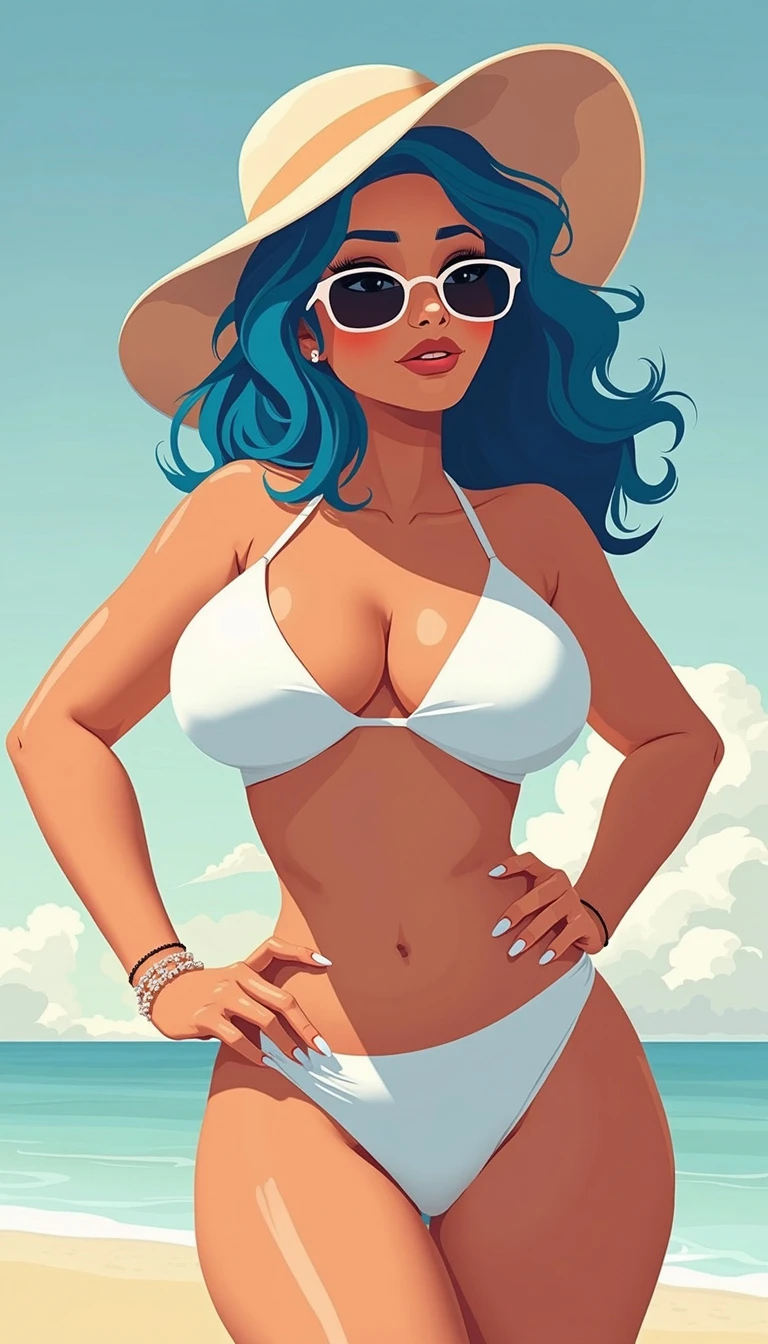 Minimalistic vector art of a mature, voluptuous woman with azure blue wavy hair, amber eyes, wearing a white swimsuit on a sunlit beach at morning.