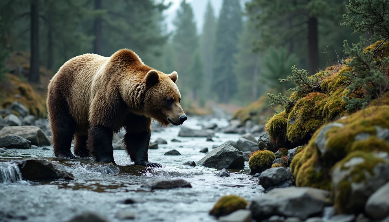 A powerful grizzly bear walking through a crystal-clear stream in a lush forest, surrounded by green moss and rocks, searching for fish.