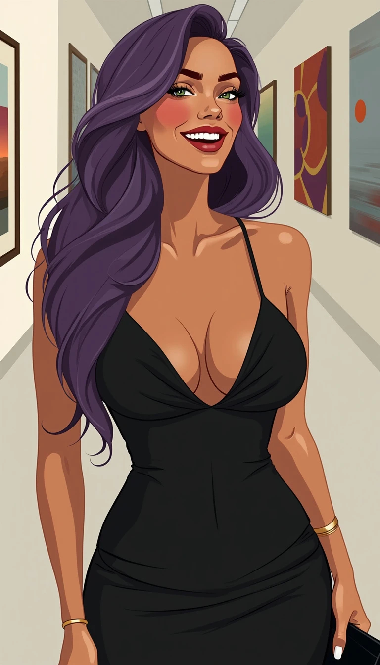 Minimalistic vector art of a mature, voluptuous woman with violet short hair, emerald green eyes, wearing a black cocktail dress in a modern art gallery at noon.