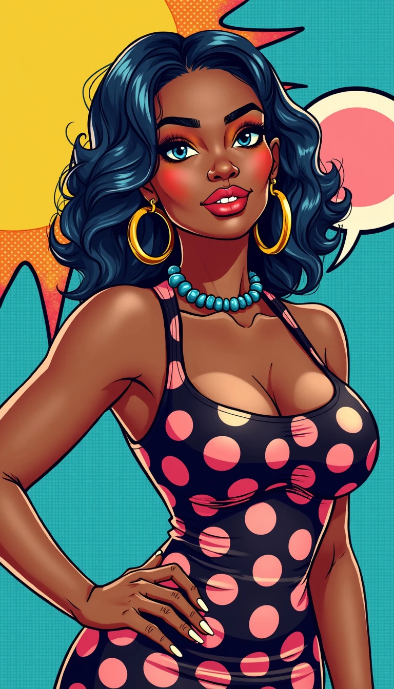 Pop Art illustration of a mature, voluptuous woman with neon pink straight hair, electric blue eyes, wearing a polka-dotted dress in a comic book style background at midday.