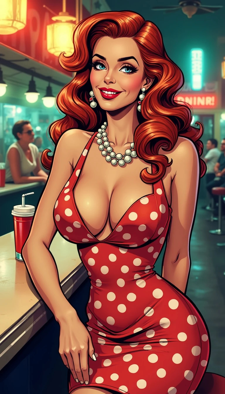 Vintage comic style illustration of a mature, voluptuous woman with cherry red wavy hair, blue eyes, wearing a retro polka dot dress in a 1950s diner at evening.