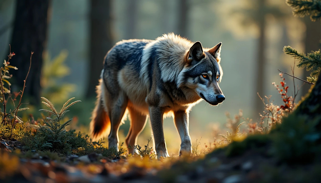 A majestic wolf with piercing amber eyes walks through a sunlit forest, surrounded by lush greenery and trees.