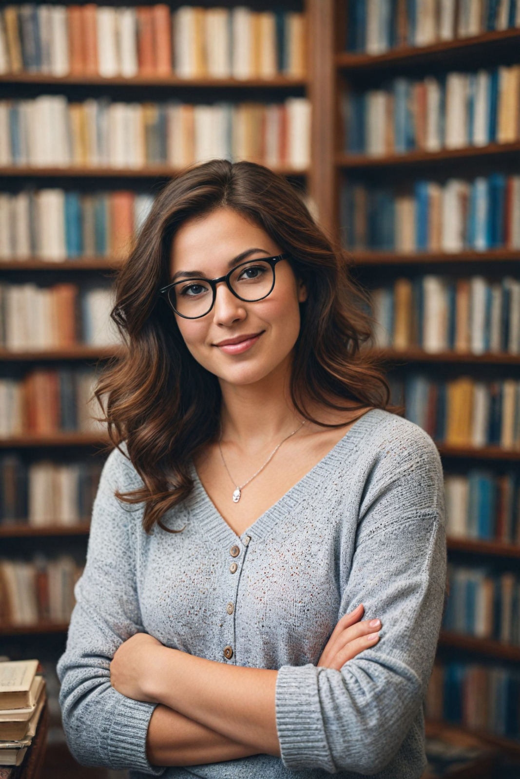 Photorealistic image of a mature, voluptuous woman with chestnut brown wavy hair, hazel eyes, wearing a cream-colored sweater and dark blue jeans in a cozy bookstore, thumbing through a book.