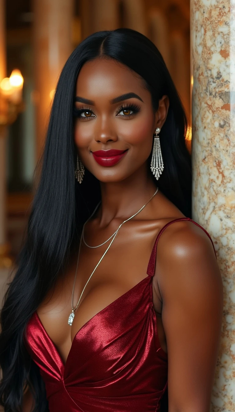 Photorealistic image of a mature, voluptuous woman with raven-black straight hair, hazel eyes, wearing a deep red evening gown in an opulent ballroom at evening, standing by a marble column.