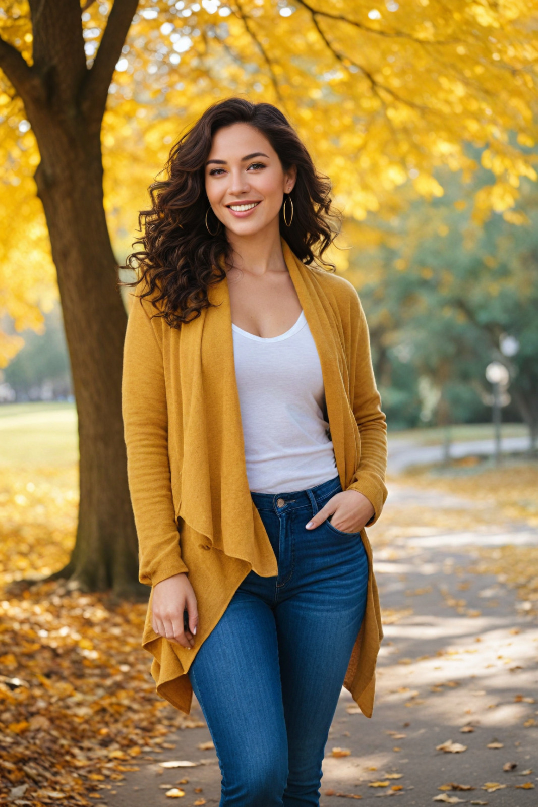 Photorealistic image of a mature, voluptuous woman with chestnut brown wavy hair, dark brown eyes, wearing a mustard-yellow sweater and high-waisted jeans in a sunlit autumn park, standing amidst golden fall leaves.