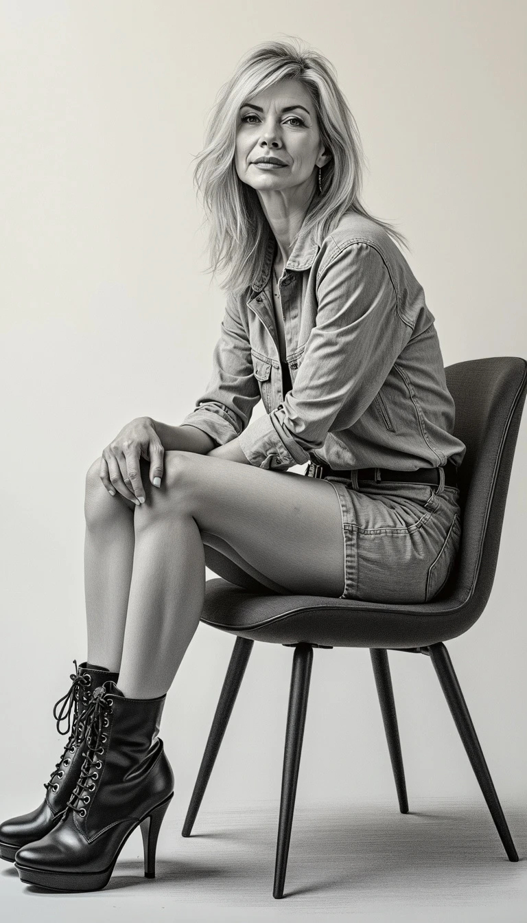 Black and white photograph of a woman sitting on a modern chair, wearing a denim outfit and high-heeled boots.