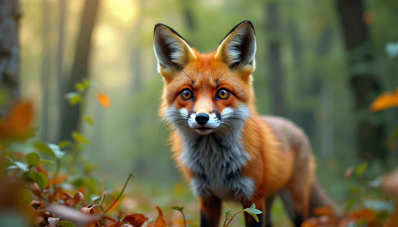 A curious fox standing on a forest floor during autumn, surrounded by vibrant foliage and bathed in soft sunlight.