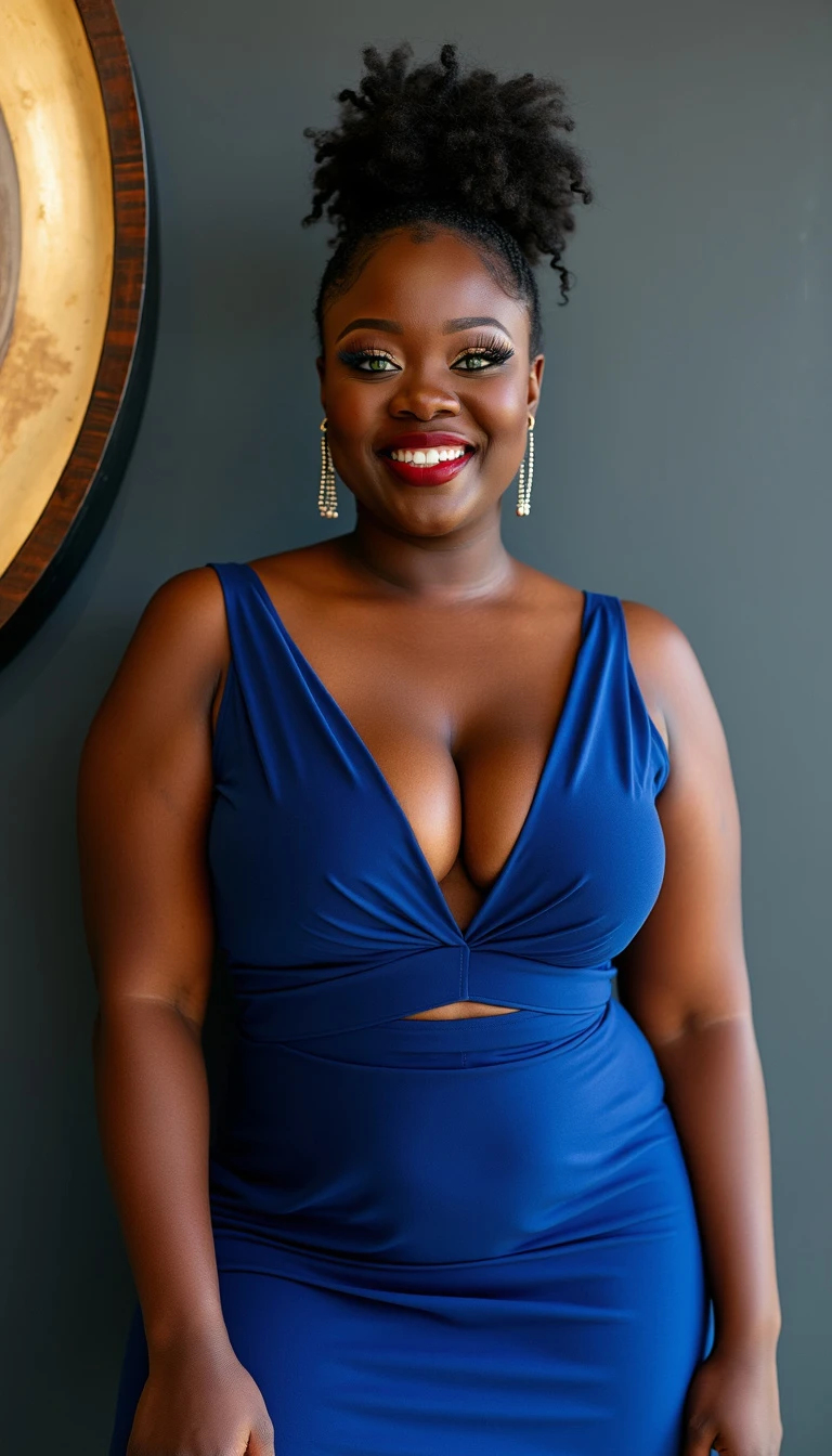 Close-up of a woman wearing an elegant blue dress with a deep V-neckline, showcasing her natural curly hair in a high puff style.