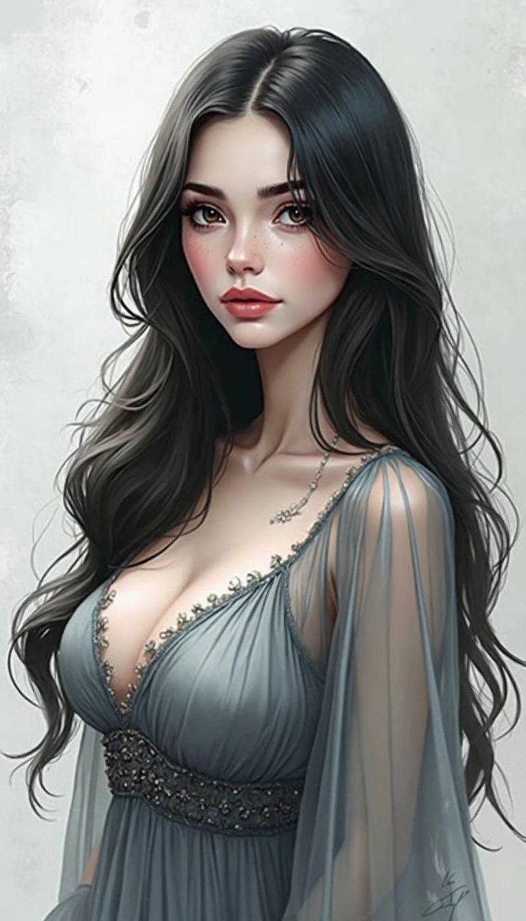 Elegant female figure in a flowing, embellished gown with long, wavy hair.