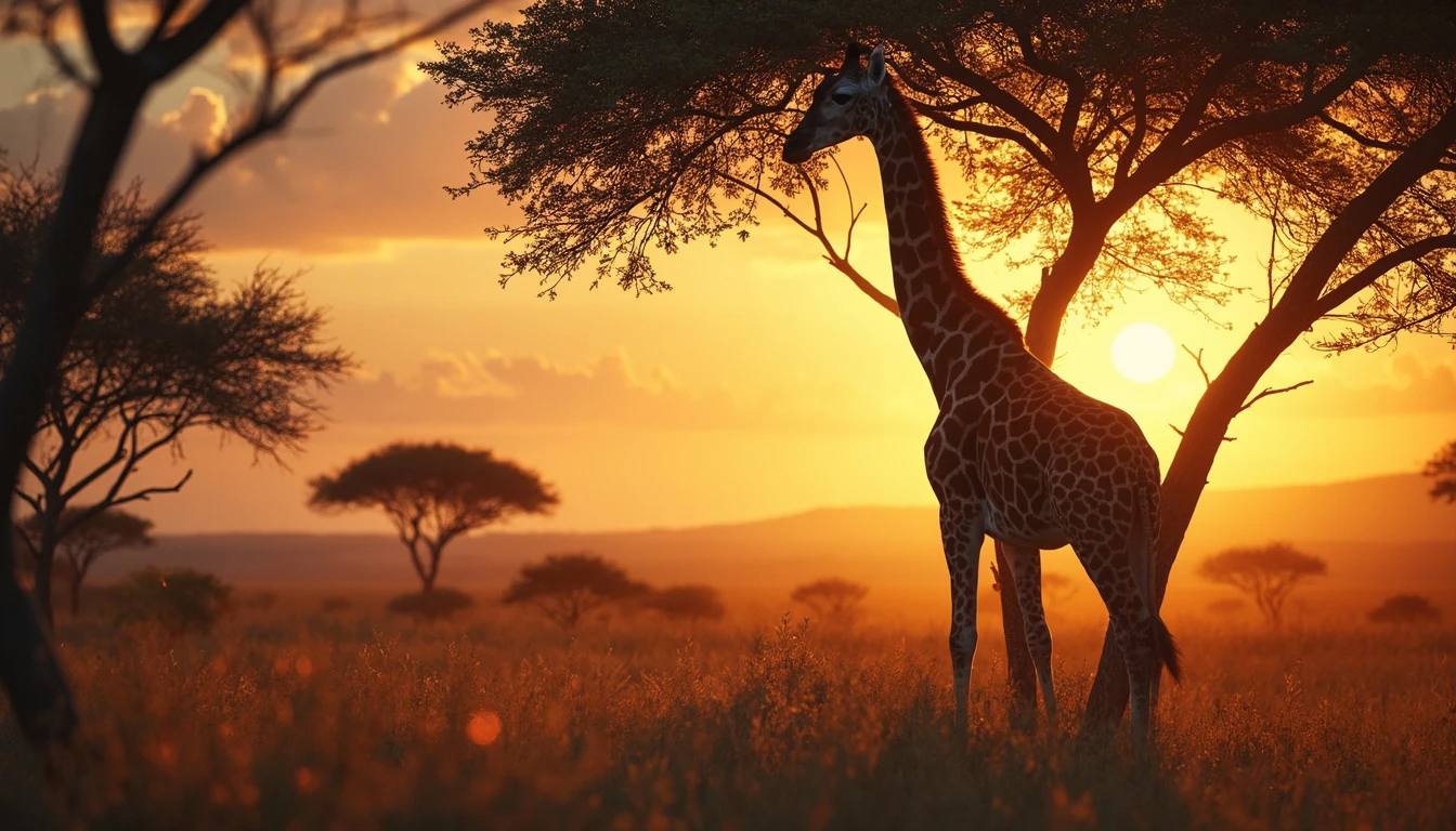 Low angle long shot of an elegant giraffe browsing the treetops in the Serengeti during evening, captured with golden hour photography.