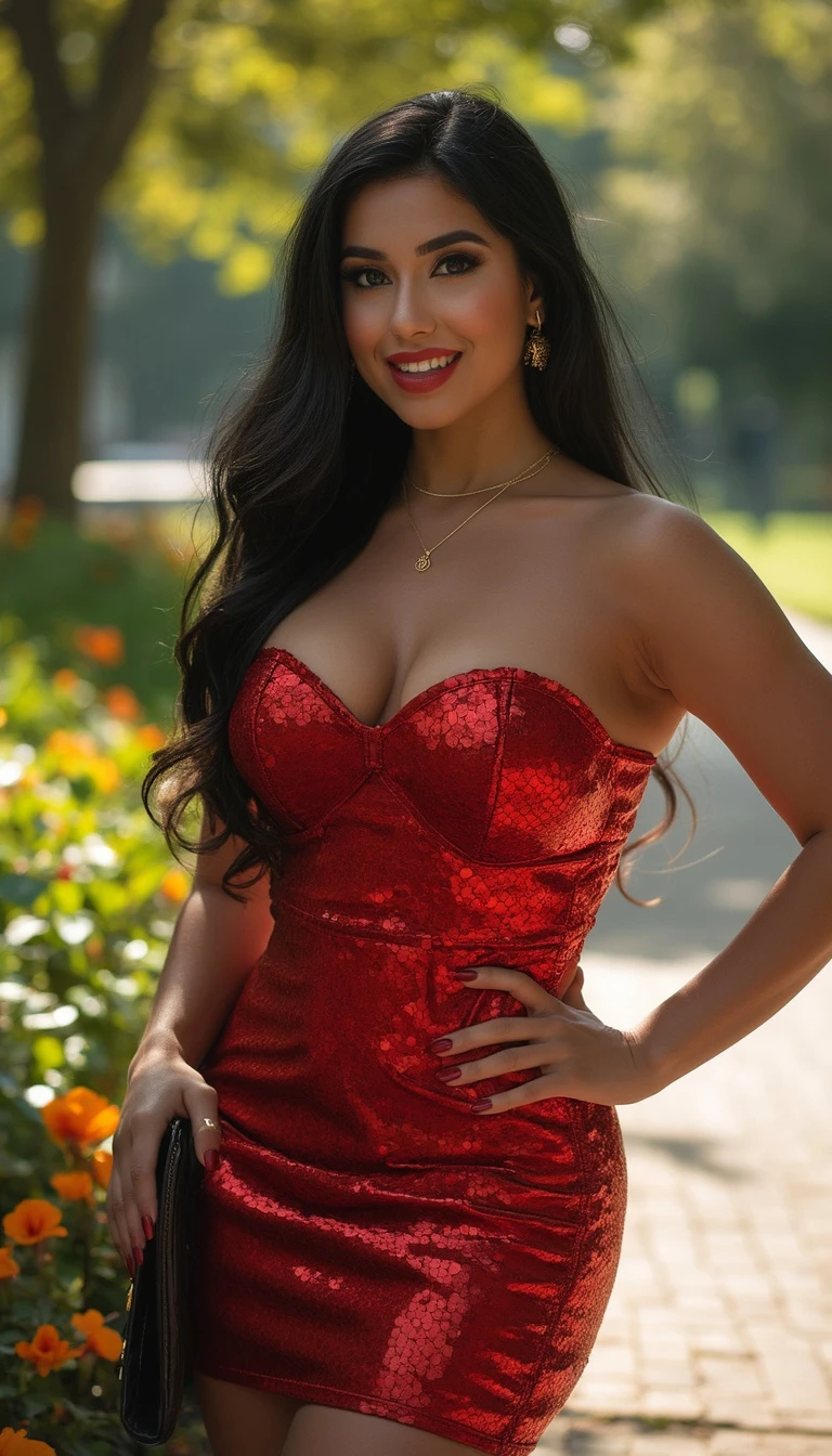 A woman wearing a sparkling red dress poses in a garden setting, surrounded by vibrant flowers and greenery.