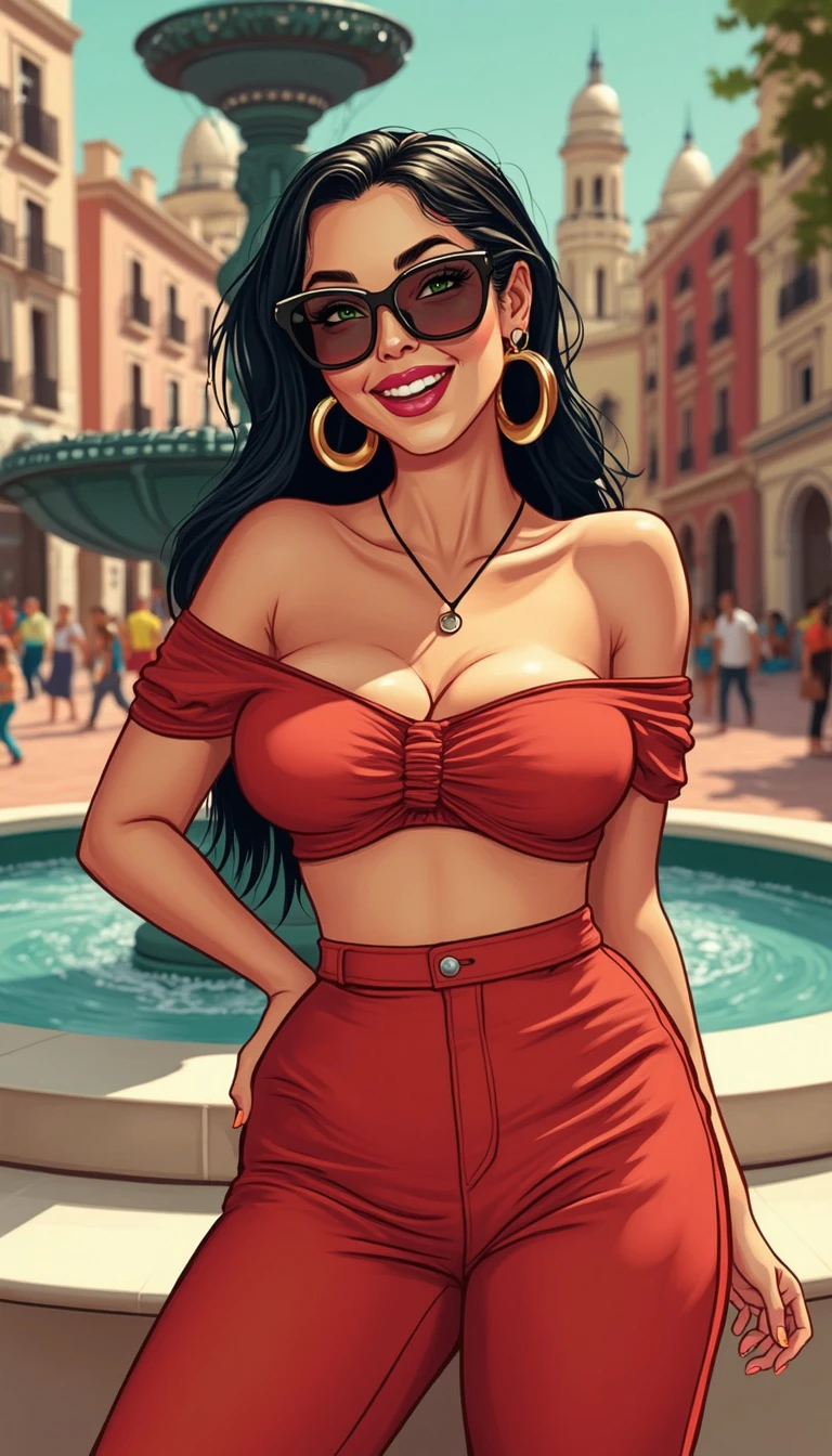 High angle mid shot Flat Design sketch of a voluptuous Spanish woman in a revealing red off-shoulder top and high-waisted shorts, joyful laughter, jet-black straight hair, noon, city plaza.