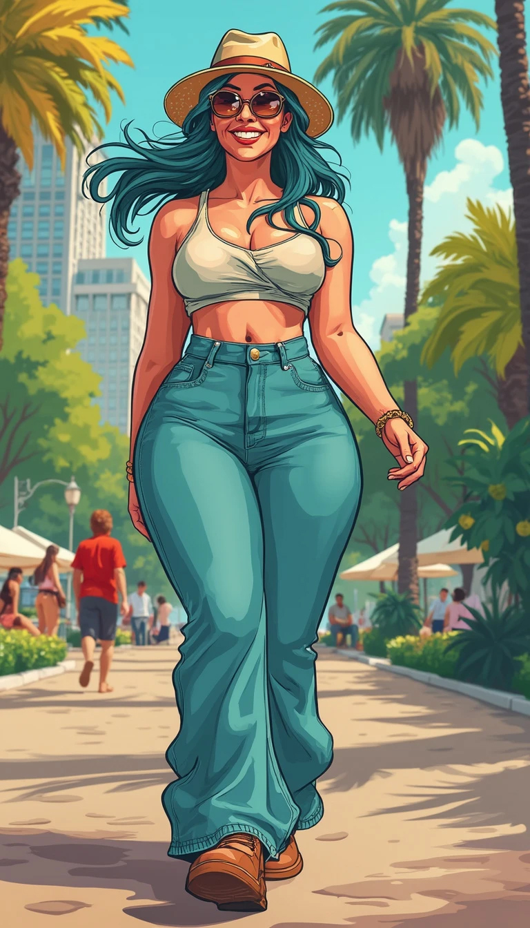 High angle short shot flat design cartoon of a voluptuous Portuguese-Danish woman in a pink crop top and shorts, joyful laughter, teal pixie hair, morning, city park.