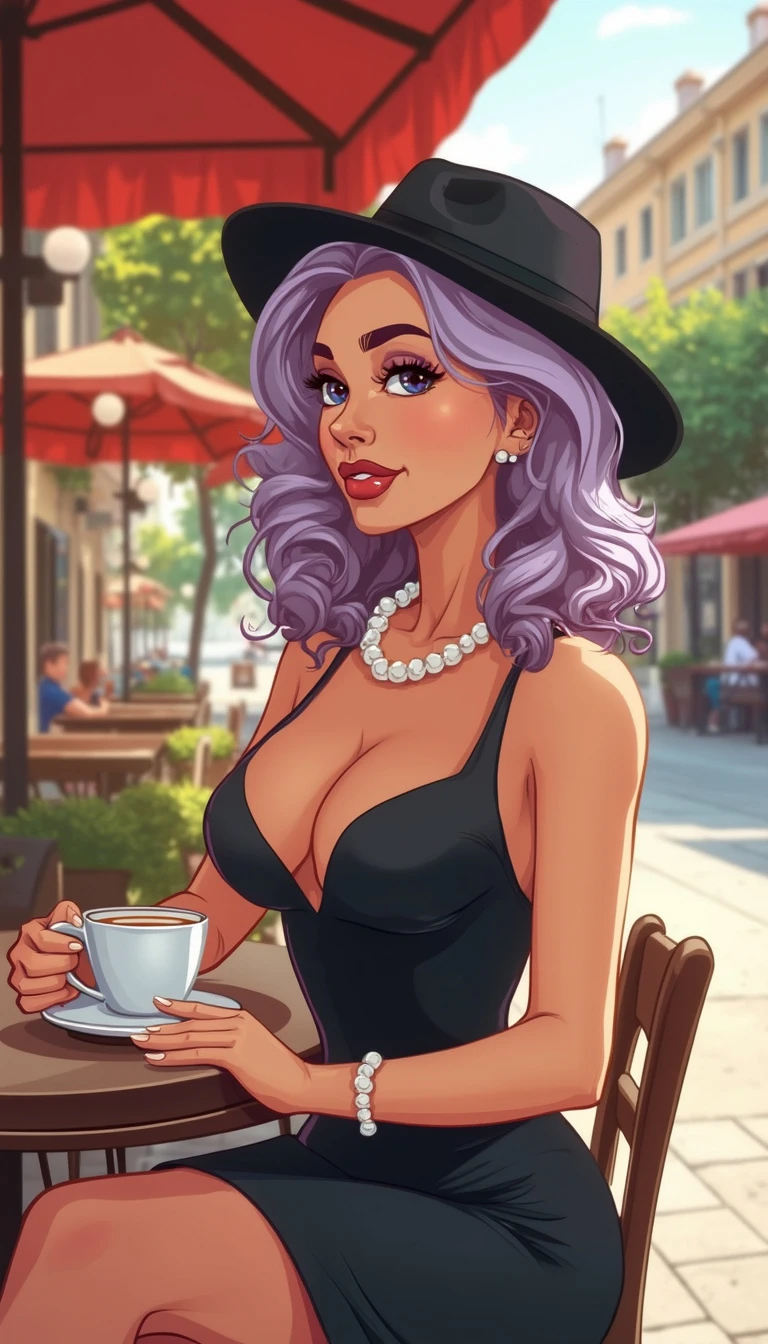 Low angle long shot flat design cartoon of a voluptuous Spanish-Norwegian woman in a black dress, thoughtful contemplation, lavender curly hair, afternoon, outdoor café.