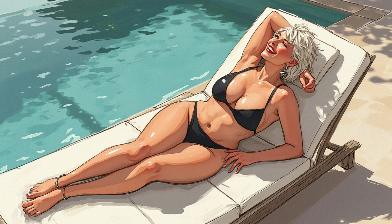 High angle long shot minimalistic sketch of a voluptuous French woman in a black micro bikini, joyful laughter, platinum blonde pixie hair, afternoon, poolside lounge.