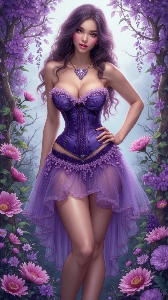 Artistic drawing of a voluptuous female character in a revealing violet corset and skirt, standing with a playful smirk against a detailed fantasy garden background.