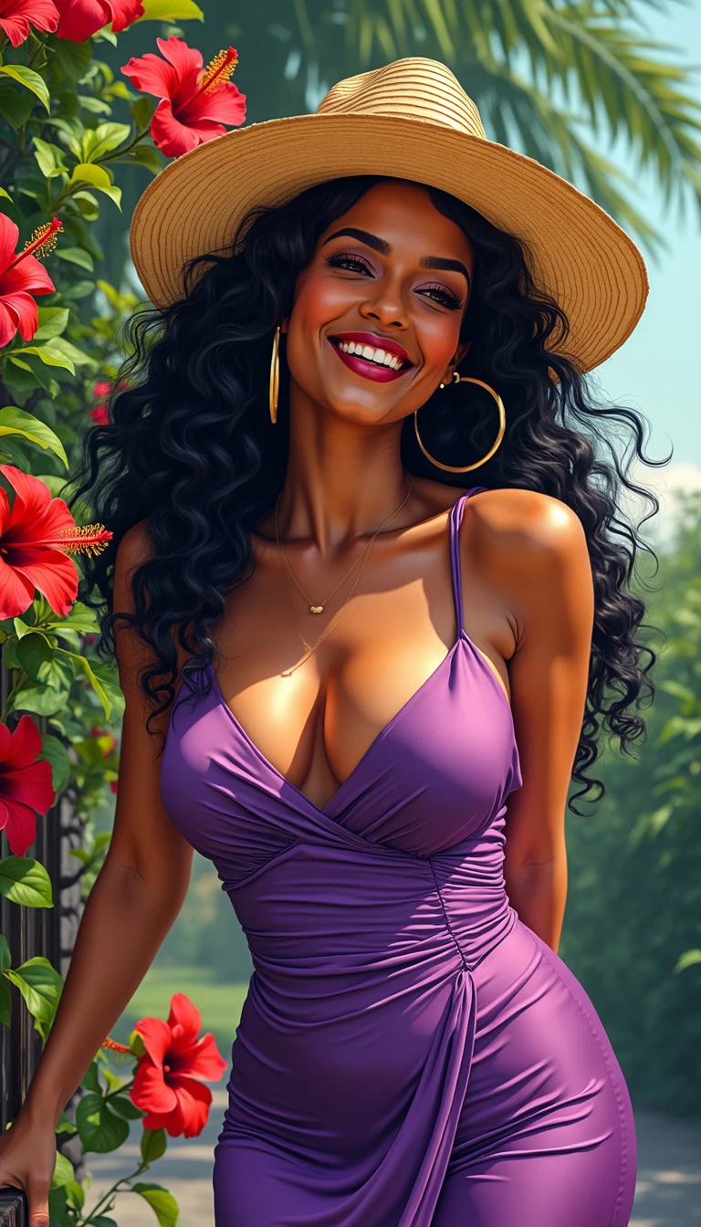 Low angle long shot Retro Revival sketch of a voluptuous Haitian woman in a revealing purple satin gown, joyful laughter, jet-black curly hair, dawn, tropical garden.