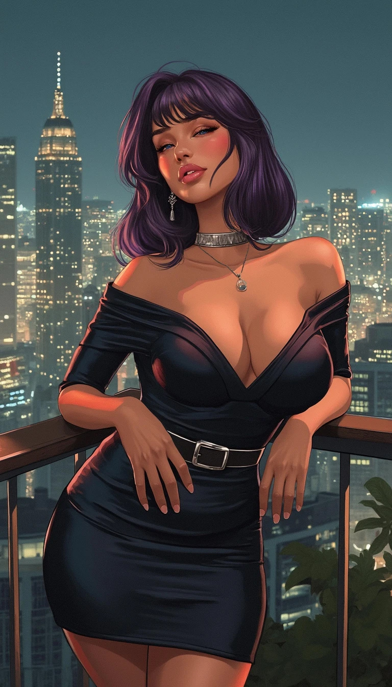 Low angle short shot sketchy style drawing of a voluptuous Japanese-Italian woman in a black off-shoulder top and skirt, subtle smirk, dark purple straight hair, evening, urban rooftop garden.