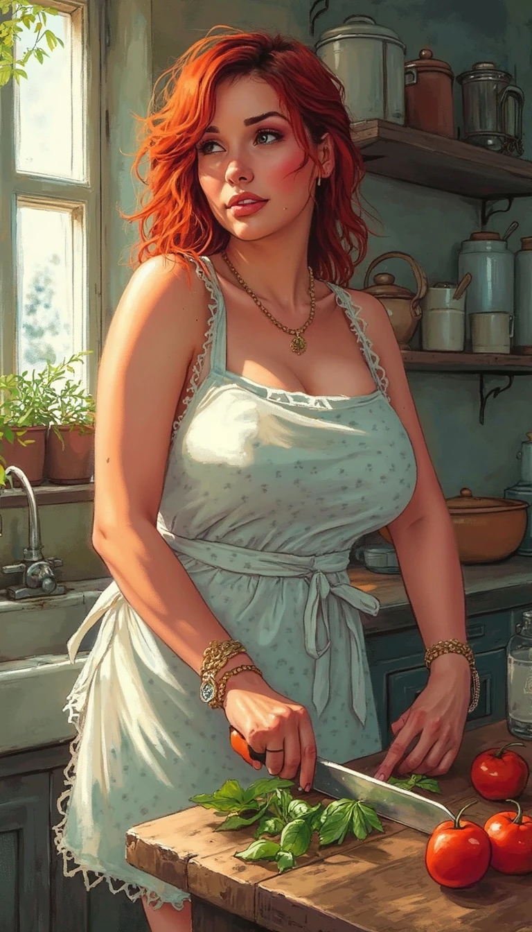 Soft focus high angle short shot sketchy style drawing of a voluptuous Turkish-Irish woman in a patterned apron over a white dress, thoughtful contemplation, fiery red tousled hair, morning, rustic kitchen.