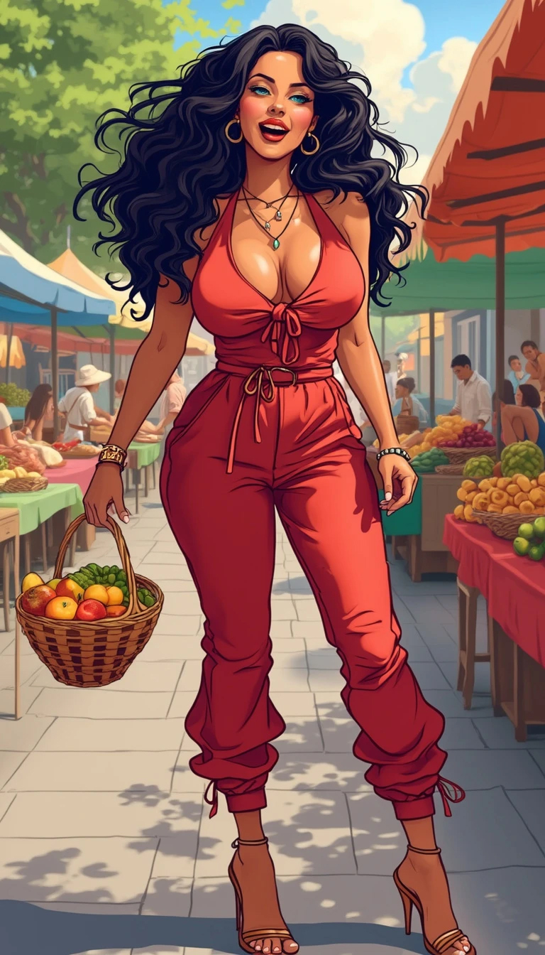 Low angle long shot vector art cartoon of a voluptuous Polish-Greek woman in a red jumpsuit, joyful laughter, jet-black curly hair, morning, city market.