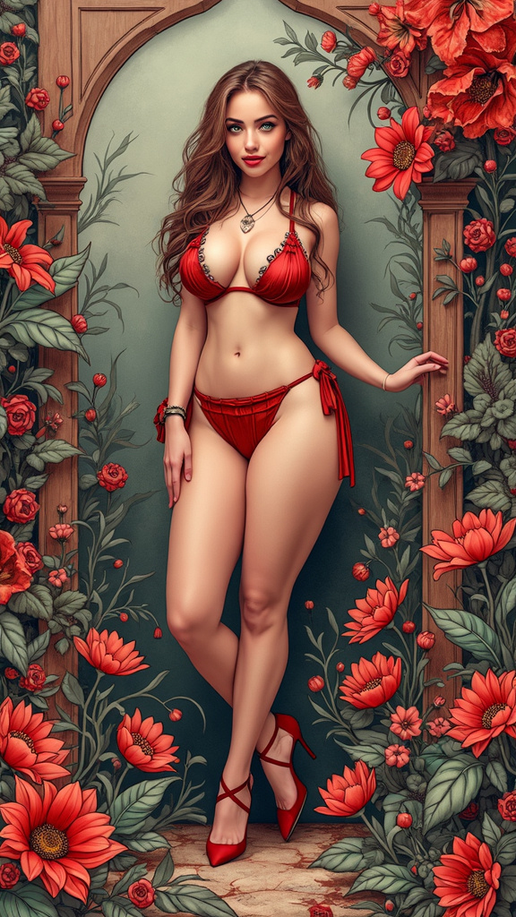 Cinematic sketch of a voluptuous female character with a sensual smile, dressed in a revealing outfit, standing in a red fantasy landscape with detailed flora.