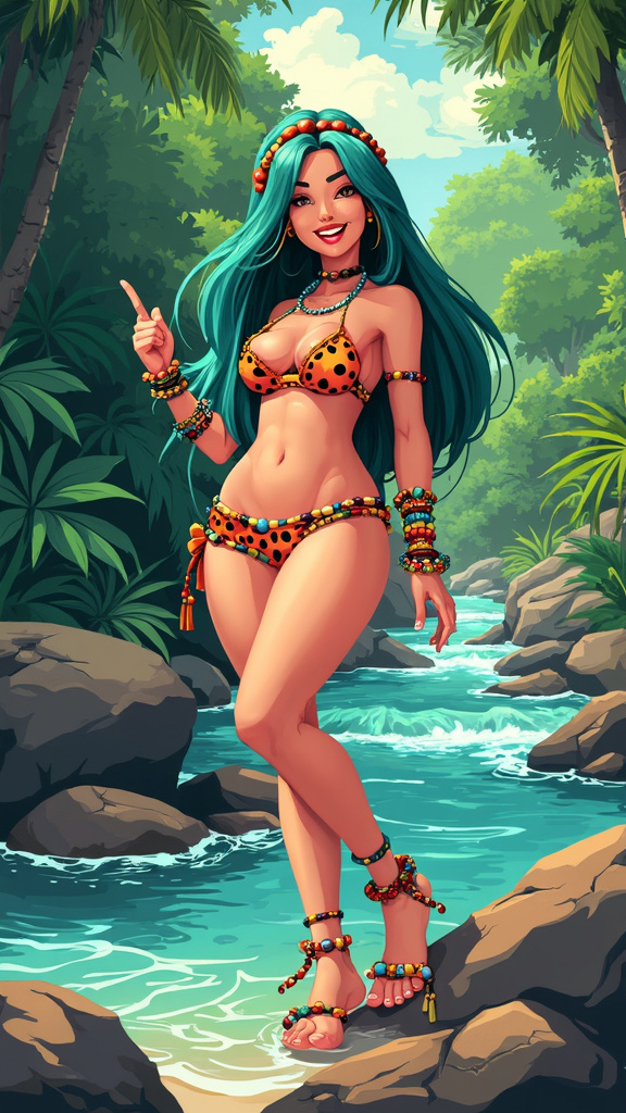 Classic cartoon style of a mature voluptuous Portuguese woman with teal green straight hair and golden eyes, wearing polka-dot lingerie in a lush rainforest next to a river with huge boulders.