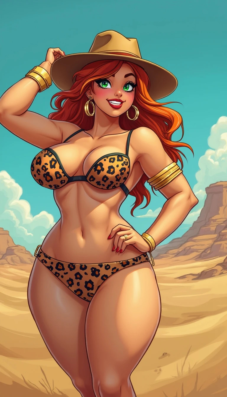 Classic cartoon style of a mature voluptuous Spanish woman with fiery orange wavy hair and emerald green eyes, wearing leopard print lingerie in a sun-soaked desert.