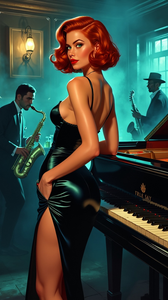 Classic cartoon of a voluptuous French woman with crimson wavy bob, emerald green eyes, in a tight black satin dress, standing confidently in a smoky 1950s Parisian jazz club with neon lights and shadowy figures in the background.