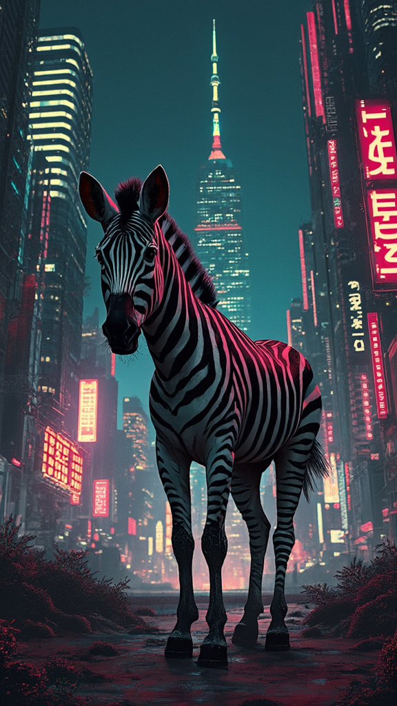 Tilted night sketch of a zebra in a cyberpunk cityscape with hexagonal geometric patterns in neon colors.